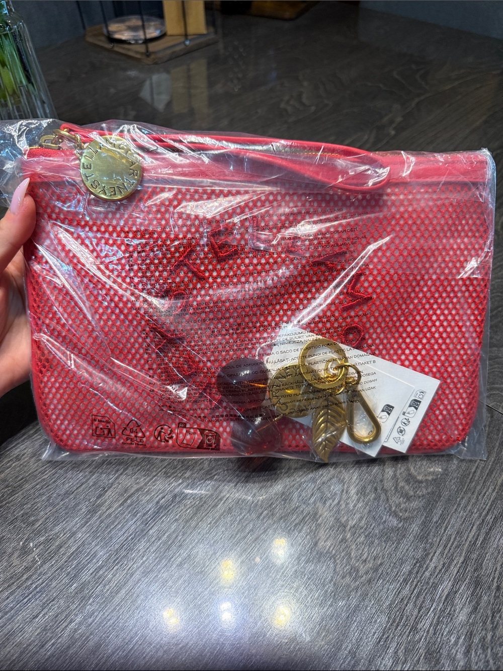 Stella McCartney Bright Red Stella Mesh Zip Pouch with Cherry 🍒 Charm